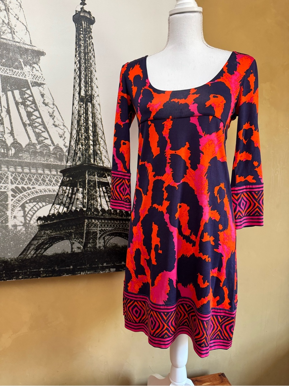 Vintage Diane Von Furstenberg Navy Dress with Orange & Pink Abstract Print